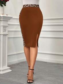 SHEIN Lady 女士豹纹中长款裹身开衩优雅通勤裙 - 棕色 - 查看 4