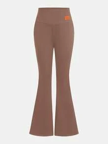 2 pièces Pantalon évasé taille haute avec doublure thermique et patch en PU, style décontracté et polyvalent pour les préadolescentes, automne/hiver - Acajou - Voir 9