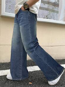 SHEIN 青少年男童休闲日常水洗斜插口袋宽松阔腿牛仔裤，秋季款 - 中等水洗藍 - 查看 4