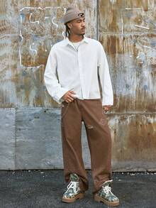 AXEPEAK Camicia a maniche lunghe con spalle cadenti e stampa, moda casual da uomo - Bianco - Visualizzare 3