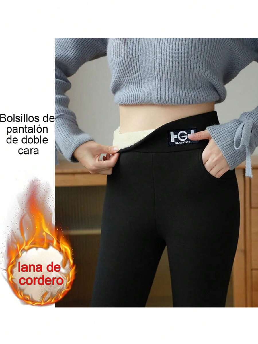 Calzas Leggings Termicas para Mujer de Pelo de Cordero Ultra Grueso, Regalo de Navidad - Negro - Ver 1