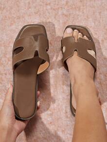 SHUZIA Women's Fashionable And Versatile Solid Color Slip-On Flat Sandals Mother's Day Present For Christmas - Olive Green - View 4