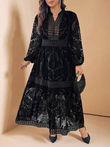 SHEIN LUNE Váy dự tiệc nhung Burnout cỡ lớn có thắt eo - màu đen - Xem 5