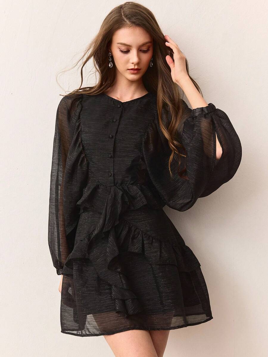 Revavyn Đầm mini tay dài bồng bềnh, dáng rộng, cổ tròn, cài nút nhiều lớp, màu trơn, thiết kế mới cho nữ mùa thu/đông - màu đen - Xem 1