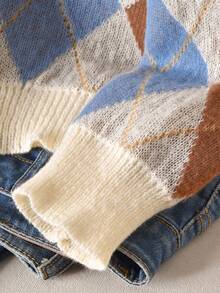 CosyJoli Áo len dệt kim họa tiết kim cương cổ tròn rộng rãi, vai trễ, họa tiết kẻ caro Jacquard cỡ lớn - Nhiều màu - Xem 3