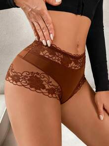 Esselle 1 Quần lót bikini ren hoa chắp vá thoải mái cho nữ - Cà phê nâu - Xem 6