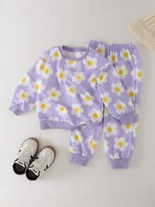 THE HAPPY LOOK 2pcs/Set Young Girl Floral Print Knit Soft Crew Neck Long Sleeve Sweatshirt And Elastic Waist Pants Kids Flower Set Summer Outfit Toddler Co Ord - Multicolor - View 4