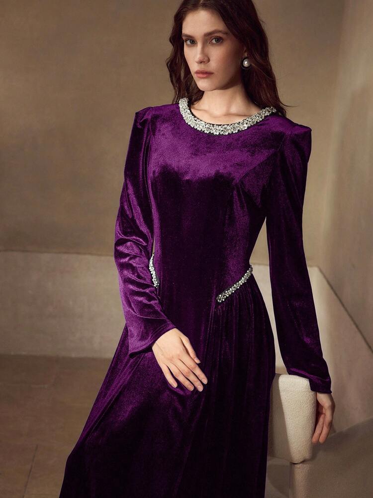 VELVET RHINESTONE & FAUX PEARL TAPE ELEGANT PARTY DRESS