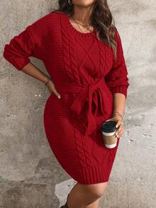 EMERY ROSE 大码女式纯色简约休闲圆领长袖毛衣连衣裙 - 紅色 - 查看 5