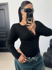 POPSWAY Plus Size Long Sleeve Round Neck Cinched Waist Bodysuit - Black - View 6