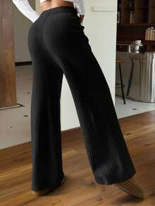 SHEIN EZwear 女士黑色抽绳腰宽松直筒罗纹针织毛裤，秋冬季款 - 黑色 - 查看 2