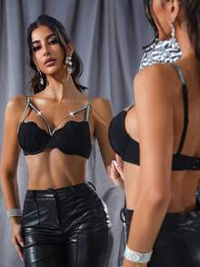 MidnightGlam 1pc Shiny Shoulder Strap Underwire Bra With Shell Cup, Enhancing Bust