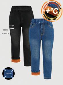 SHEIN 2pcs/Set Young Girls' Navy Blue & Light Blue Denim Thermal Lined Elastic Skinny Pants, Autumn/Winter - Multicolor - View 1