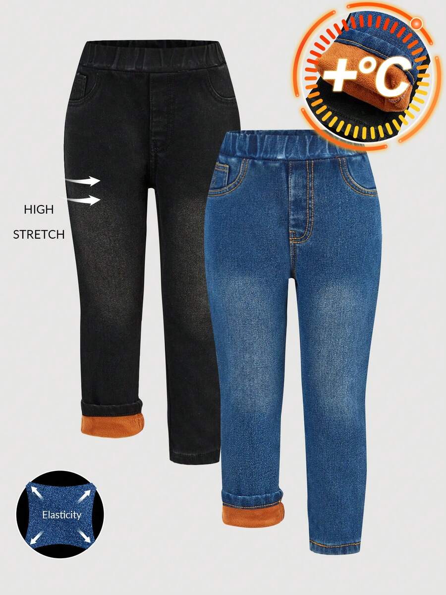 SHEIN 2pcs/Set Young Girls' Navy Blue & Light Blue Denim Thermal Lined Elastic Skinny Pants, Autumn/Winter - Multicolor - View 1