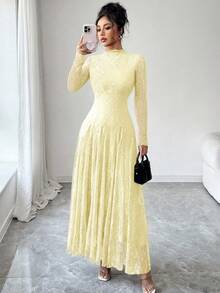 Modelyn Váy ren thắt eo cổ cao màu đỏ rượu vang dành cho nữ - Vàng nhạt - Xem 3