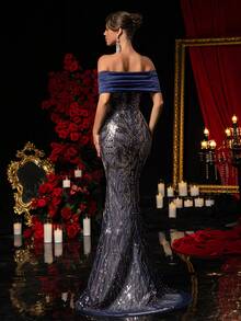 Glamrae 优雅奢华灰蓝色亮片刺绣手工露肩荷叶边鱼尾女士正式晚礼服 - 灰藍色 - 查看 4