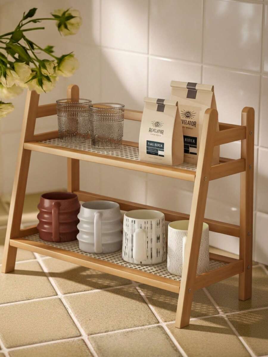 Cirelle 1pc-Narrow Mug Holder Countertop, Wicker-Look Tea And Coffee Bar Station Organizer, Bamboo Matcha Stand, Cup Display Shelf, Condiment Storage Rack For Kitchen Counter Cabinet, 2 Tier