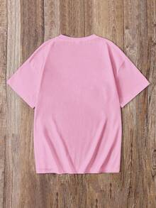SHEIN EZwear Áo thun tay ngắn cổ tròn in khẩu hiệu tiếng Anh 3D cỡ lớn dành cho nữ - Màu Hồng baby - Xem 2