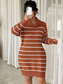 Elenzga Plus Size Straight Loose Turtleneck Knitted Sweater Dress, Striped Patchwork, Winter - Multicolor - View 7