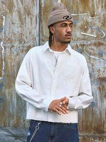 AXEPEAK Men's Solid Color Drop Shoulder Long Sleeve Button Front Casual Shirt, Summer - White - View 5