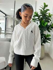 SHEIN Tween Girl Simple Solid V-Neck Long Sleeve Sweater, Casual Daily Wear, Autumn/Winter Long Sleeve Top, Collegiate V-Neck Long Sleeve Sweater, Embroidered Sweater Suitable For Everyday, School, Vacation, Party Occasions - White - View 4