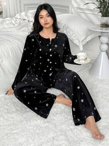 Dazy Plus Aksamitny, swobodny, luźny, pogrubiony komplet piżamy damskiej w dużym rozmiarze, top i spodnie - Czarne - Zobacz 7