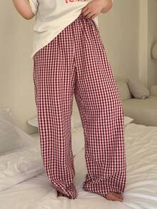 Dazy Plus 大码女式格子休闲宽松直筒睡裤，松紧腰，春秋季睡衣 - 紅色 - 查看 5