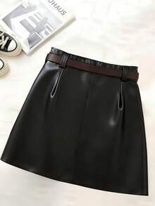 Franclia 返校休闲百搭 PU 不对称下摆系带黑色迷你裙，春秋女装 - 黑色 - 查看 2