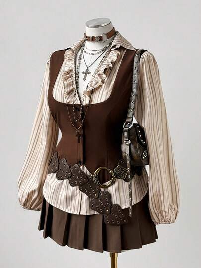 Sunspun 加大码秋冬荷叶边领小V领长袖撞色两件套休闲复古可爱衬衫