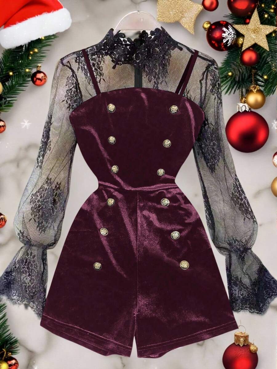 GlowEve 春夏新款黑色长袖蕾丝边饰优雅修身金色纽扣丝绒连体裤，女士冬季、圣诞节、新年服装 - 紫丁香色 - 查看 1