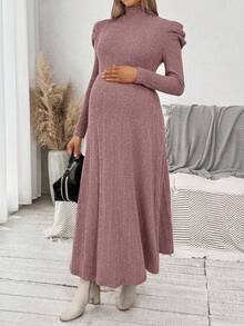SHEIN Váy bầu tay phồng cổ lọ màu trơn thường ngày - Bụi hồng - Xem 5