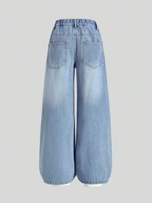 Sparklyn Quần jeans ống rộng thời trang mới cho bé gái tuổi teen, họa tiết bông tuyết rách rưới, thêu hình bướm và hoa, phong cách Y2K, thu đông 2025. Quần ống rộng dáng rộng cho thiếu nữ tuổi teen, phong cách Y2K. - Rửa nhẹ - Xem 2