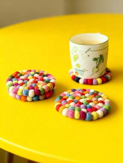 Joivida 1 PC Handmade Wool Felt Colorful Ball - Featured Stunning Coasters: Heat - Insulating And Stylish Table Accessories