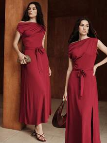 Uhlyne Women's Elegant High-Quality Burgundy Luxurious Chic Asymmetrical Shoulder Slit Fitted Slim Long Formal Dress For Party And Date - Burgundy - View 1
