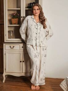 Serenescape Conjunto de pijama de manga larga con cuello, estampado floral y fruncido, para mujer de talla grande, ropa de invierno - Albaricoque - Ver 6