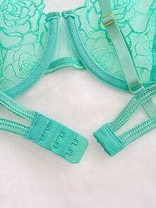 Sheer Embroidery Underwire Sexy Bra & Panty Lingerie Set - Mint Blue - View 9