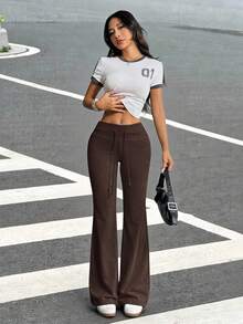 SHEIN EZwear 抽绳腰部喇叭腿运动裤 - 棕色 - 查看 6