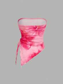 MOD Top bustier con pliegues en la cintura atada a los lados, top tubo con estampado retro, top de otoño, top para salir, top de tirantes marrón - Rosa coral - Ver 6