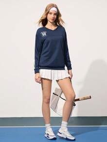 CourtClass Women's V-Neck Dropped Shoulder Long Sleeve Loose Fit Fashionable Versatile Tennis Top Sports Wear Sheinrut_studio Women Sweatshirt Top Women Sweat Shirts Women