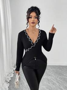 Selianne 大码女式纯色长袖T恤，饰有串珠，秋季百搭T恤 - 黑色 - 查看 5