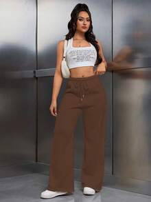 EMERY ROSE 女式松紧腰抽绳保暖内衬宽松裤 - 鏽棕色 - 查看 5