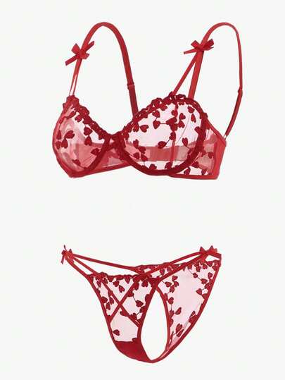 PetitDoll Geborduurde Mesh Underwire Verleidelijke BH Slipje Lingerie Set view 3