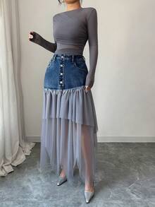 Elenzga Women's Denim Patchwork Mesh A-Line Skirt, Fashionable And Slimming - Dark Wash - View 5