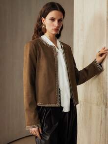 Revavyn Áo khoác cardigan nữ cổ tròn vải trơn thêu họa tiết, thích hợp cho việc đi lại hàng ngày - Màu Khaki - Xem 5