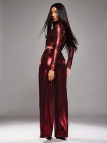 NYA SZN Consani 长袖修身镂空纽扣领网纱红色节日假日圣诞节新年派对活动场合上衣优雅奢华女装 - 紅色 - 查看 2