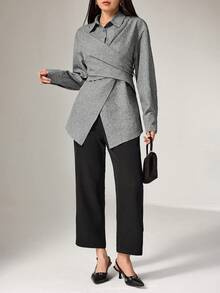 Heiryn 女士休闲、办公、通勤交叉裹身修身衬衫，百搭，春秋季 - 灰色 - 查看 5