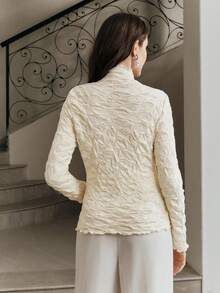 Anewsta Women's Solid Color Turtleneck Textured Long Sleeve Fashion T-Shirt - Apricot - View 2