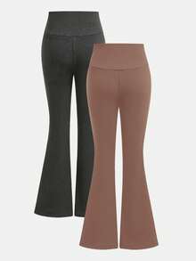 2 pièces Pantalon évasé taille haute avec doublure thermique et patch en PU, style décontracté et polyvalent pour les préadolescentes, automne/hiver - Acajou - Voir 2