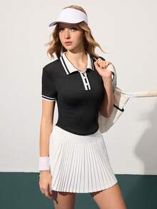 CourtClass Women's Sporty Tennis Polo Shirt, Contrast Striped Flat Collar With Button, Short Sleeve With Striped Cuffs, Fitted Black Curved Hem, Suitable For Casual, Running, Yoga, Gym, Tennis, Golf And More, Spring/Summer/Autumn