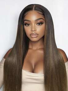 Bye Bye Knots 7x5蕾丝前额无胶直发假发，预剪预漂预拔，黑色发根渐变至栗棕色Yaki直发，配有隐形抽绳，易于佩戴，适合所有头型，透明蕾丝，100%真人发，可染色 - SNATURAL/33 - 查看 2